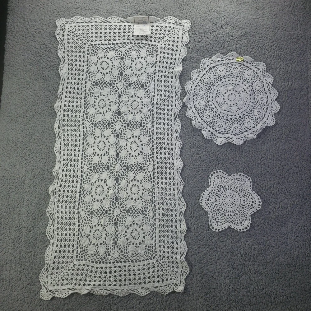 Elegance in Crochet by Tessile 9pc Set White Cotton Table Runner Doilies Coaster